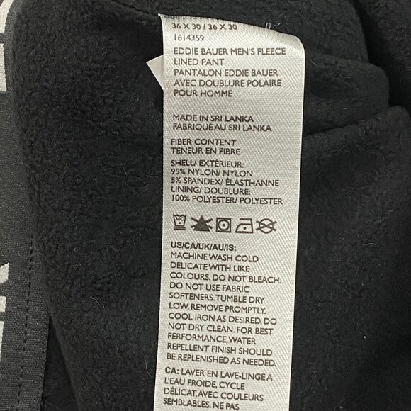 Eddie Bauer Fleece Lined Tech Pants Mens 36 x 30 Black Water Repellent Insulated - Picture 12 of 12